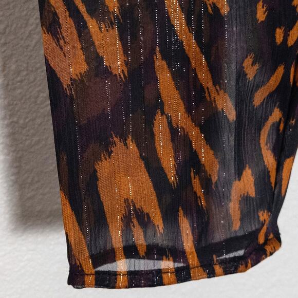 DKNY Sheer Blouse Animal Print Brown Black Size Large Mobwife Glam - Picture 7 of 13